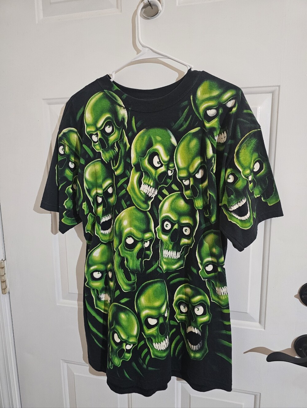 Liquid Blue Graphic Skull Print Tee in Black and Neon Green Rare 2001